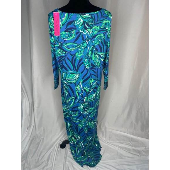 Lilly Pulitzer Blue & Green Tropical Print Maxi Dress With Gold Button XL - Picture 5 of 13